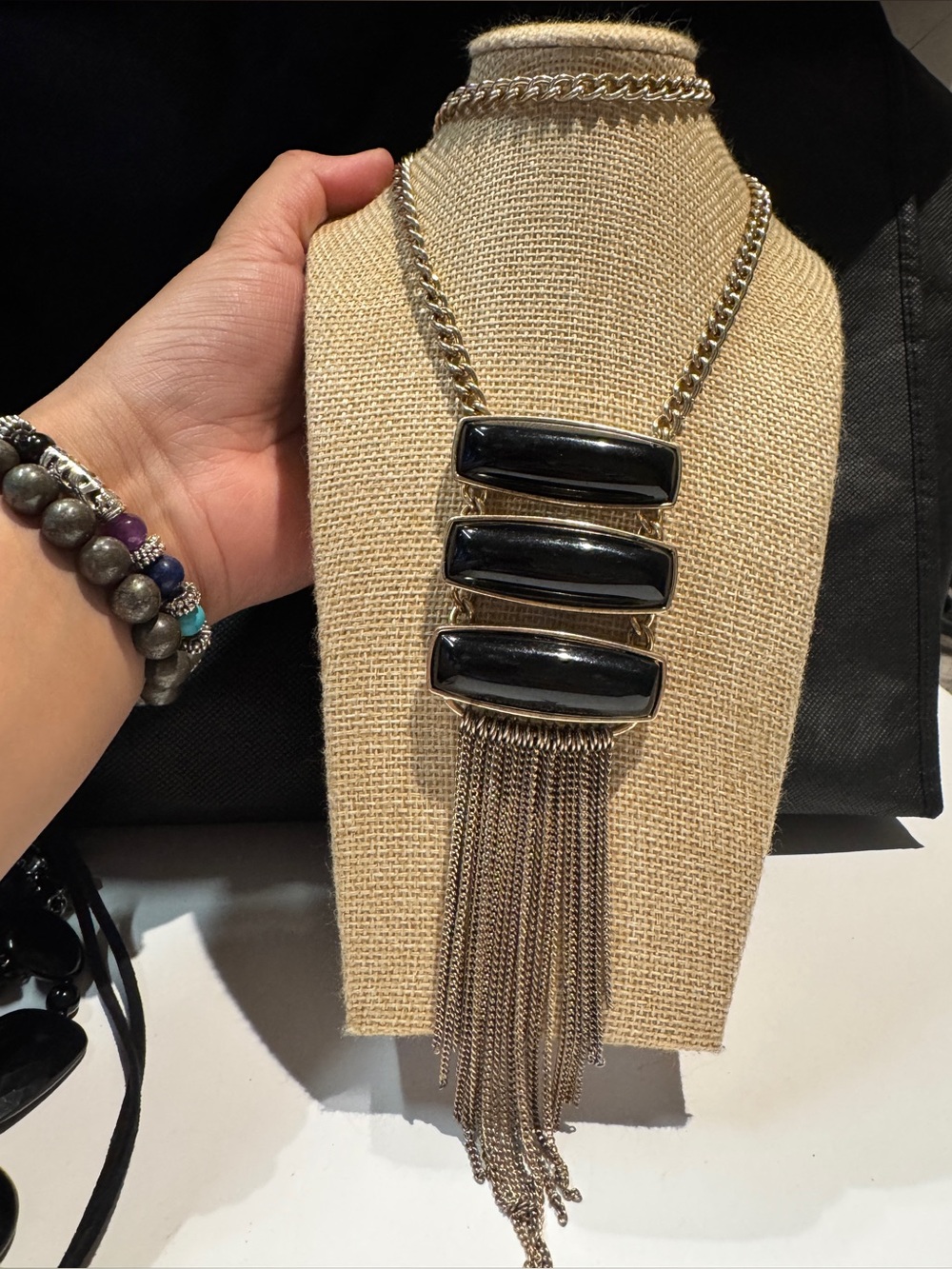 Vintage Statement  Chain Necklace with Black acrylic Bars and Fringe